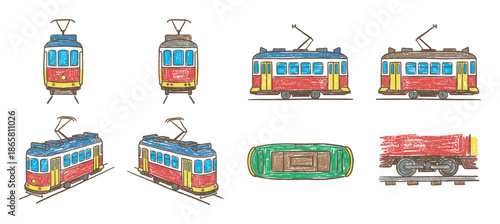 Colorful collection of hand-drawn vintage trams and streetcars created in a charming sketch style, featuring various angles like front, side, isometric, and top-down views
