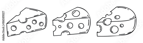 Set of three outline cheese pieces featuring distinct holes, ideal for foodrelated projects, culinary graphics, restaurant menus, and dairy product branding.