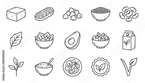 Set of black and white vegan food icons showing tofu, tempeh, avocado, beans, and nuts in a simple hand-drawn doodle style representing healthy eating and a plant-based diet