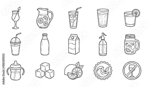 Set of hand-drawn beverage and drink icons in a black and white line art style, illustrating a cocktail, lemonade, soda, milk, ice cubes, and a non-alcoholic symbol