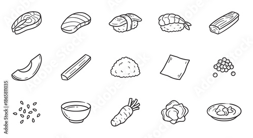 Hand-drawn vector icon set of sushi and sashimi ingredients, featuring salmon, shrimp, roe, rice, and wasabi in a minimalist black outline doodle illustration style