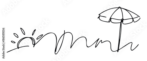 Abstract single line drawing illustrating a sunny summer atmosphere with a sun icon and a beach umbrella, ideal for cheerful seasonal marketing materials and relaxed holiday invitations.