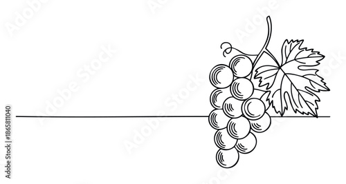 A minimalist line drawing of a grape cluster with a leaf and tendril, featuring a prominent horizontal line, suitable for wine labels, food promotions, culinary branding, or natural product
