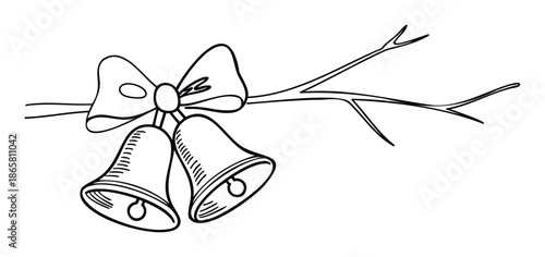Outline drawing of two festive bells with a decorative bow tied to a bare tree branch, perfect for holiday greetings, wedding invitations, or seasonal event decorations and graphic assets.