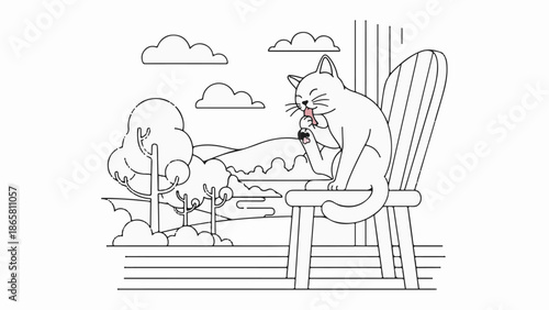 A contented cat cleans its paw on a chair with a scenic background
