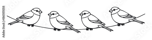 Four small birds with distinct outlines perched together on a horizontal line creating a charming border or decorative element for various seasonal and naturethemed projects.