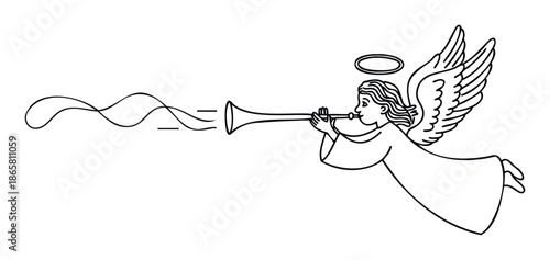 Illustrative graphic featuring a graceful celestial angel with wings and a halo, joyfully blowing a long horn with swirling musical notes, ideal for Christmas holiday greetings, spiritual