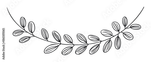 A delicate minimalist black line drawing of a curved botanical branch with multiple leaves creating an elegant decorative frame for various design projects