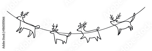 Delightful festive string of minimalist line drawing reindeer decorations perfect for holiday parties, winter celebrations, childrens projects, and seasonal greeting material.
