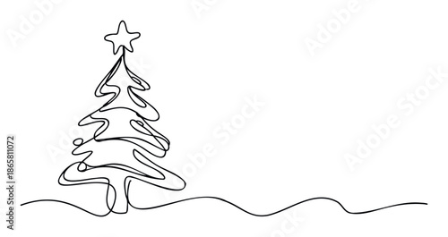 Minimalist Christmas tree drawing featuring a star as a decorative topper and a continuous single line forming the holiday evergreen, perfect for seasonal greetings, winter celebrations,