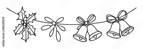 Minimalist holiday border illustration showcasing classic Christmas holly leaves and elegant jingle bells tied with festive bows, perfect for seasonal graphic designs or event promotions.