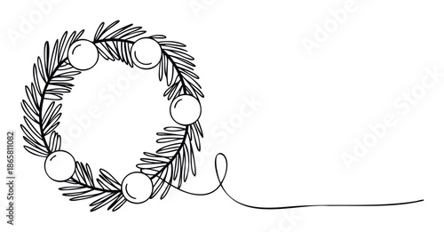 Minimalist continuous line Christmas wreath drawing with fir branches and decorative ornaments perfect for holiday season greetings and festive celebration graphics.