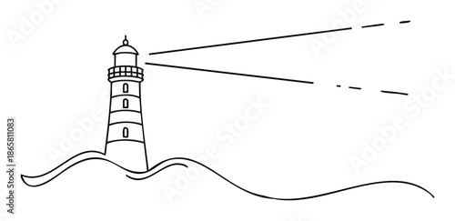 Minimalist black outline drawing of a classic lighthouse structure on rolling terrain with bright light rays useful for nautical themed designs and educational materials