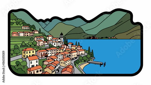 Quaint village nestled by serene lake, with lush green hills cascading behind