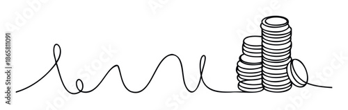 Continuous line drawing forming the word love and transitioning into stacked coins, symbolizing the intricate connection between emotion and financial prosperity for various media