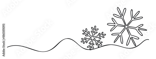 Simple continuous line drawing of two snowflakes resting on a wavy snowdrift, perfect for winter holiday seasonal greetings and cold weather promotions.