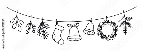 Minimalist line art illustration featuring a festive Christmas garland adorned with holiday elements such as stockings, wreaths, and jingle bells ideal for winter event branding and