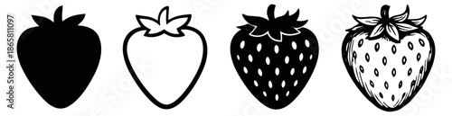 Variety of graphic and hand drawn strawberry icons set featuring minimalist and detailed designs for food and design projects