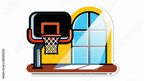 A cartoon basketball hoop and net stand before a segmented, arched window with blue panes