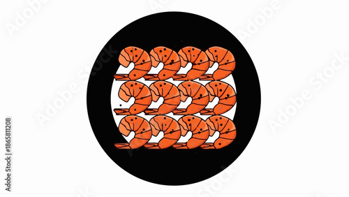 A circular graphic features a grid of cartoonish orange shrimp on a black background
