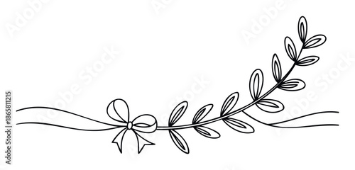 A simple line drawing of a decorative corner flourish featuring a bow and delicate leaves on a branch, perfect for invitations, greetings, or framing text.