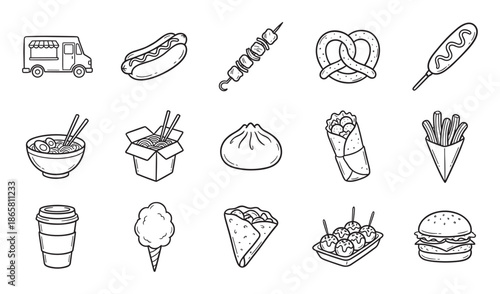 Set of fifteen street food icons drawn in a black line art doodle style, featuring a food truck, hot dog, burger, ramen, pretzel, burrito, and other fast food snacks