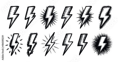 Dynamic handdrawn lightning bolt and thunder energy symbols with a rough textured effect for rock music event promotions, powerful branding, and impactful graphic design projects.
