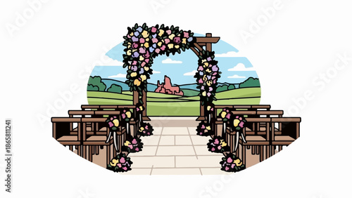 A decorated wedding arch with floral arrangements and benches on a scenic landscape