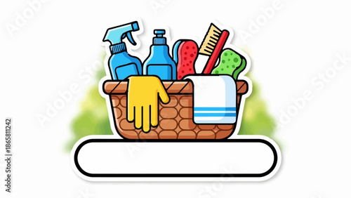 A cartoon basket overflows with cleaning supplies, including spray bottles, sponges, and a glove