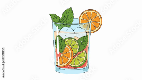 Refreshing glass of iced citrus drink with mint and orange slice
