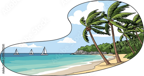Tropical beach scene with palm trees, sailboats on turquoise water, and lush green hills