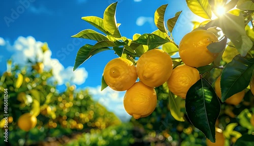 Close Up Of Bright Yellow Lemons Growing On A Tree Branch With Lush Green Leaves Under A Clear Blue Sky With Bright