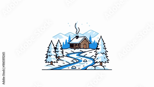 Cozy wooden cabin nestled in a snow-covered winter landscape with a winding river