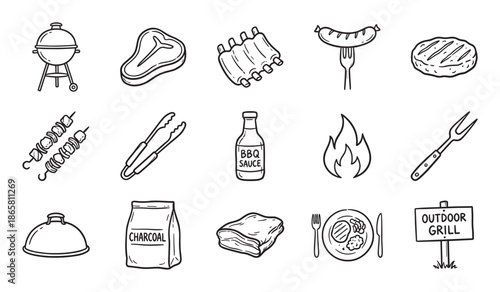 Collection of hand-drawn barbecue icons featuring a grill, steak, ribs, sausage, charcoal, and various grilling tools in a simple black and white doodle style illustration set