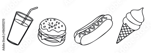 Essential fast food and snack outline illustrations featuring a cool drink, a tasty burger, a classic hot dog, and a sweet ice cream, ideal for restaurant menus and food marketing.