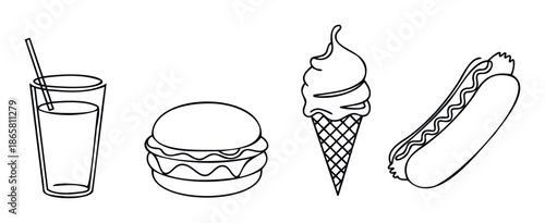 Simple black and white line drawings of popular fast food items including a refreshing drink, a delicious hamburger, a sweet ice cream cone, and a classic hot dog perfect for menus or