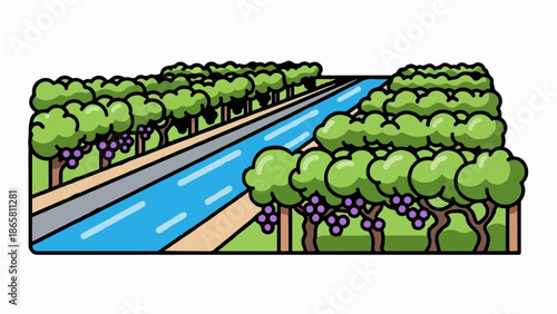 A picturesque cartoon of a waterway lined with trees and grapevines