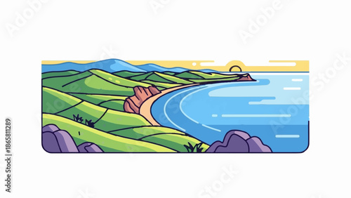 Rolling green hills meet a serene blue bay under a yellow sky with distant mountains