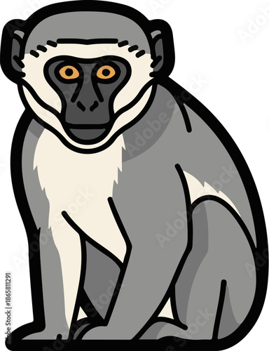 Stylized illustration of a grey monkey with white cheeks and orange eyes