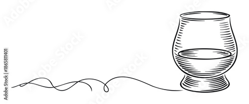 Elegant Glencairn whisky tasting glass in a continuous line drawing style with liquid inside, perfect for sophisticated beverage branding and spirit industry marketing materials.
