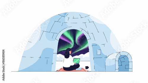 Person inside an igloo watches the aurora borealis on a laptop