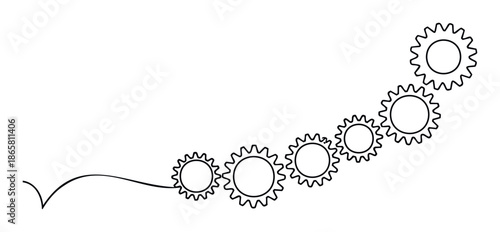 A series of interconnected outlined gears ascending in a curved path represents progress, teamwork, and systematic development, suitable for business presentations and technological concepts