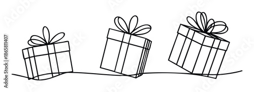 Minimalist outline gift boxes with decorative bows on a wavy line, ideal for celebrating holidays, birthdays, and special occasions in greeting media, marketing materials, or event