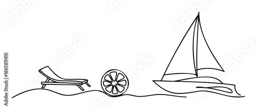 A simple continuous line drawing featuring a beach chair, a citrus slice, and a sailboat, perfect for summer travel promotions, vacation planning, or resort advertisements.
