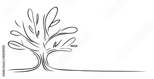 A minimalist continuous line drawing of an abstract tree with elegant flowing branches and leaves, perfect for conveying natural growth, environmental themes, and serene simplicity in