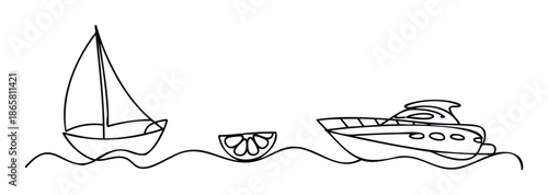 Simple continuous line drawing featuring a sailboat, a citrus slice, and a luxury yacht cruising on the water, ideal for travel brochures or summer vacation promotions