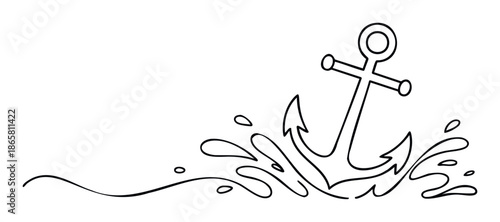 Minimalist outline drawing of a robust ship anchor breaking through turbulent ocean waves and creating splashes suitable for maritime themed graphic design or nautical adventure promotions