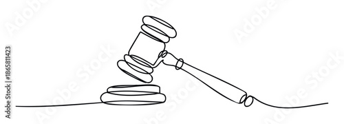 A minimalist continuous line drawing depicting a judges gavel with a sound block, embodying justice, authority, and judgment, ideal for legal and auction related projects.