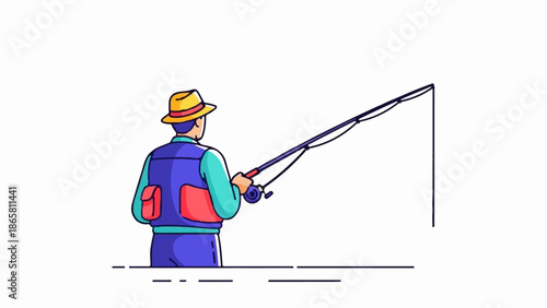 A person in a hat and vest fishes with a rod