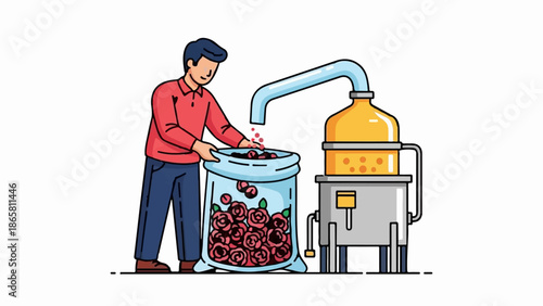 Man pouring rose petals into a distillation apparatus